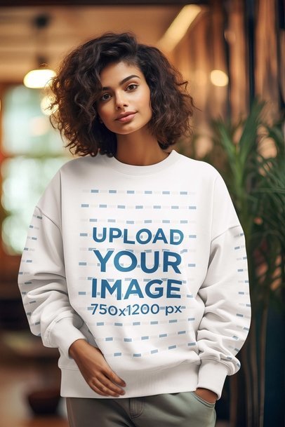 Sweatshirt Mockup Featuring an AI-Generated Woman Posing in a Cabin