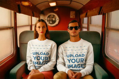 Sweatshirt Mockup of a Couple Sitting on a Train Inspired by a Wes Anderson Film
