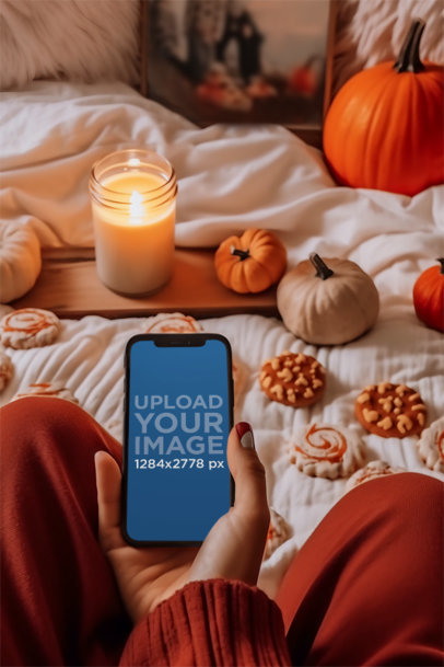 Mockup of an AI-Generated Woman Holding an iPhone 13 Featuring a Fall Aesthetic