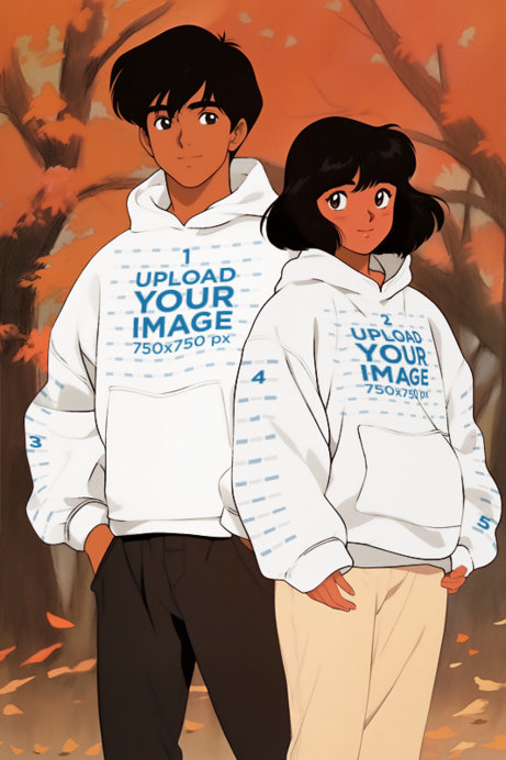 Illustrated Mockup of Retro Anime Characters Wearing Oversized Pullover Hoodies
