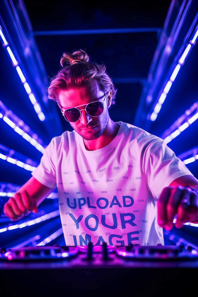 Round-Neck Tee Mockup of a DJ with Sunglasses Playing in a Nightclub