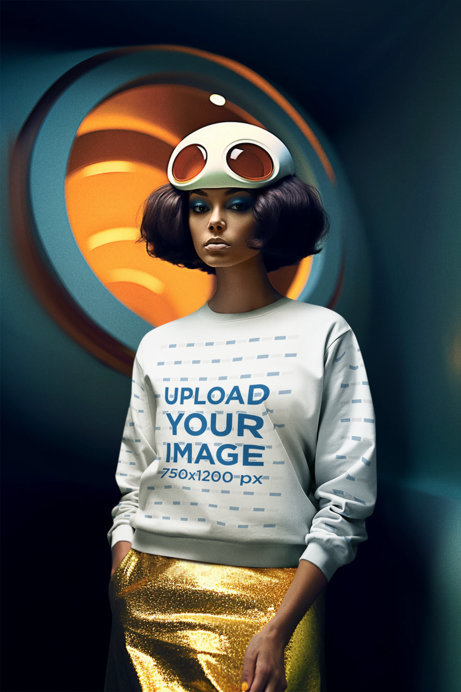 Mockup of an AI-Generated Woman Wearing a Futuristic Helmet and a Sweatshirt