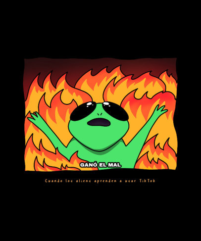 Meme-Inspired T-Shirt Design Creator Featuring a Funny Alien with Flames in the Background