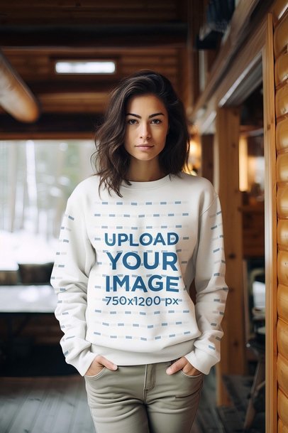 Winterwear Mockup Featuring a Woman Wearing a Crewneck Sweatshirt in a Cabin