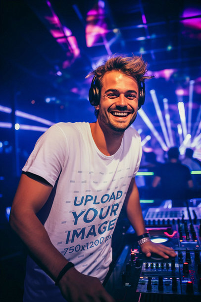 T-Shirt Mockup of a Cheerful DJ Playing Beats in a Club