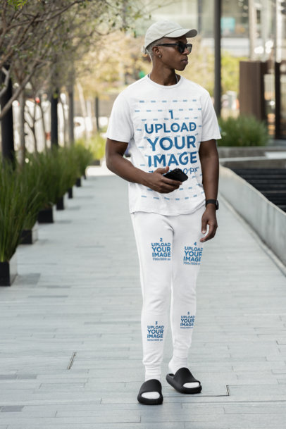 Cotton Heritage Sweatpants Mockup of a Man With a T-Shirt Walking by the Street