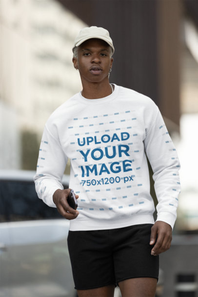 Gildan Sweatshirt Mockup Featuring a Man Walking on the Street