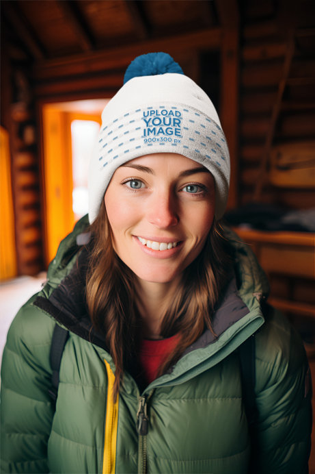 Beanie Mockup of a Smiling Woman Posing With Winter Clothes in a Cabin