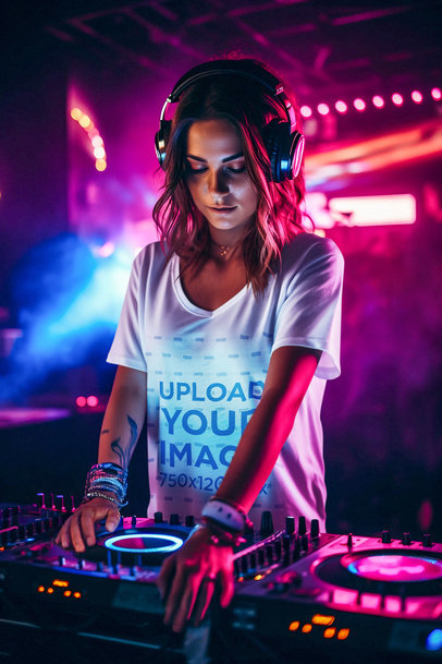 T-Shirt Mockup Featuring a DJ Woman Playing Some Beats in a Club
