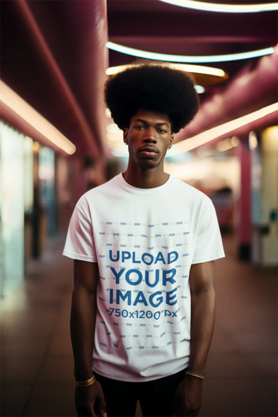 Retro T-Shirt Mockup of an AI-Generated Man with an Afro Hairstyle 