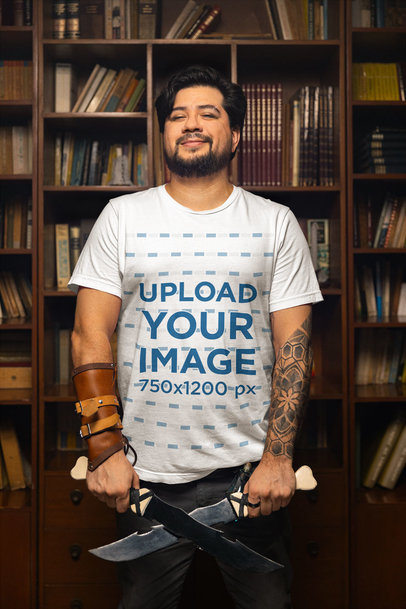 Bella Canvas T-Shirt Mockup Featuring a Smiling Bearded Man With an RPG Costume