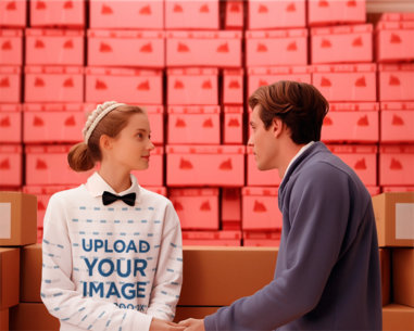 Wes Anderson Film-Inspired Sweatshirt Mockup Featuring a Couple in Retro Outfits