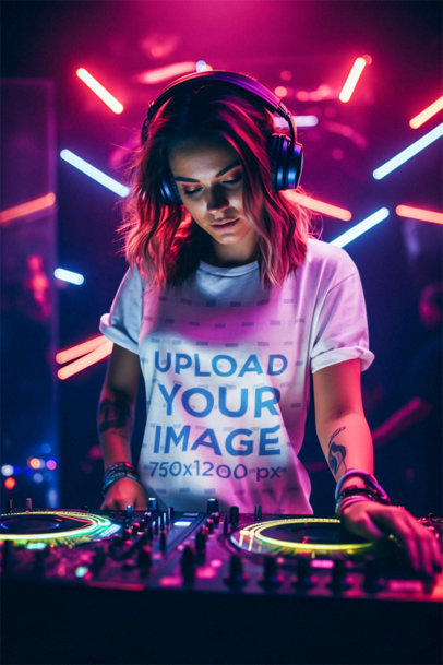 Mockup of a Female DJ Wearing a Crewneck Tee in a Nightclub with Neon Lights m36412