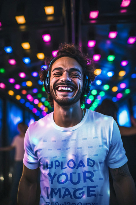 Crewneck T-Shirt Mockup of a Happy Man in a Club with Neon Lights