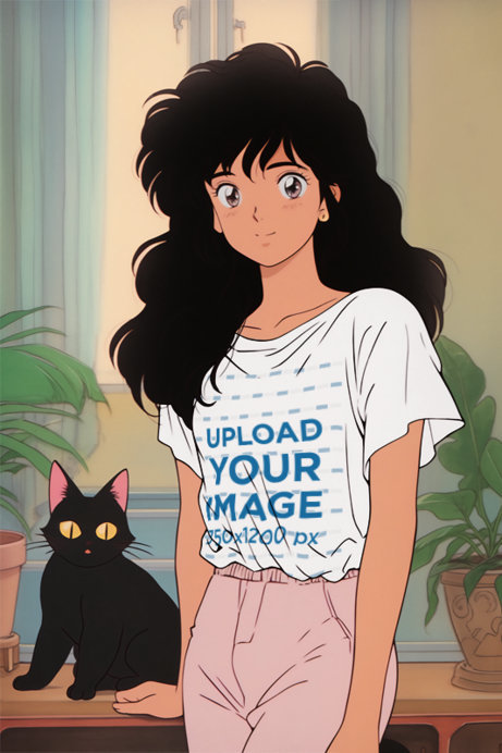 Crewneck Tee Mockup of an Anime Woman Standing Next to Her Cat at Home