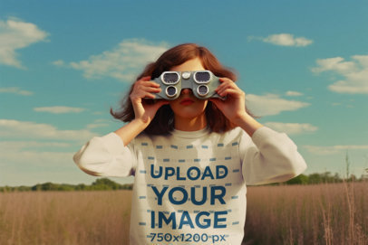 Sweatshirt Mockup of an AI-Generated Woman in a Wes Anderson-Inspired Landscape