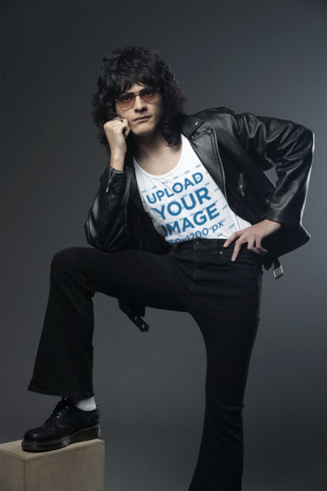 Bella Canvas Tank Top Mockup of a Man with Long Hair in a Retro Glam Rock-Inspired Outfit