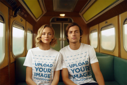 T-Shirt Mockup Featuring a Man and a Woman in a Train Inspired by a Wes Anderson Film