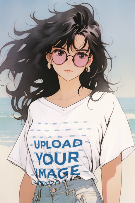 Anime-Themed Mockup Featuring a Woman Wearing a V-Neck T-Shirt