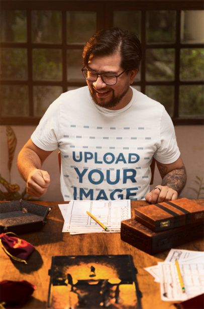 RPG-Themed Mockup of a Happy Bearded Man Wearing a Bella Canvas T-Shirt
