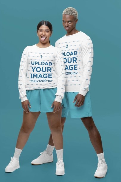 Bella Canvas Long Sleeve Tee Mockup of a Man and a Woman in Gender Neutral Apparel