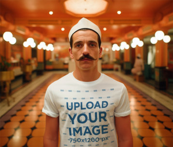 Round-Neck Tee Mockup of a Man with a Mustache Inspired by a Wes Anderson Film