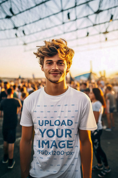 AI-Generated Mockup of a Happy Man Wearing a T-Shirt in a Music Festival