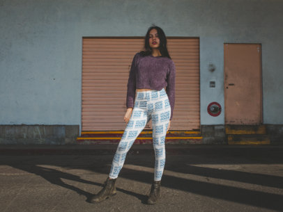 Mockup of a Hispanic Woman Wearing Leggings Against a Closed Garage a19059
