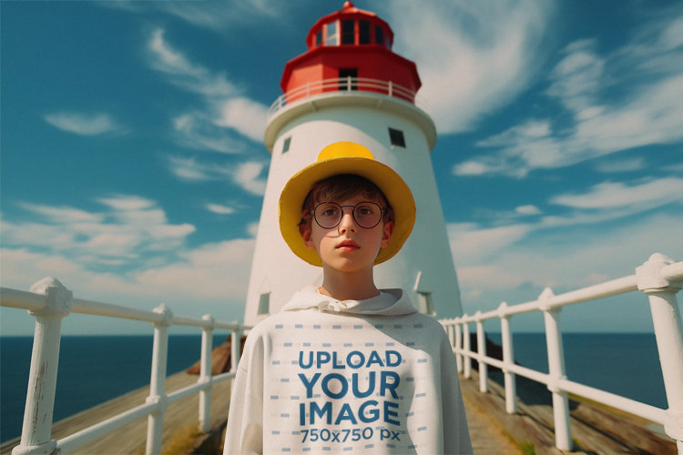 Wes Anderson-Inspired Hoodie Mockup of a Little Boy with Glasses in Front of a Lighthouse