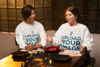 Gildan Sweatshirt Mockup Featuring a Smiling Man and a Woman Playing RPG