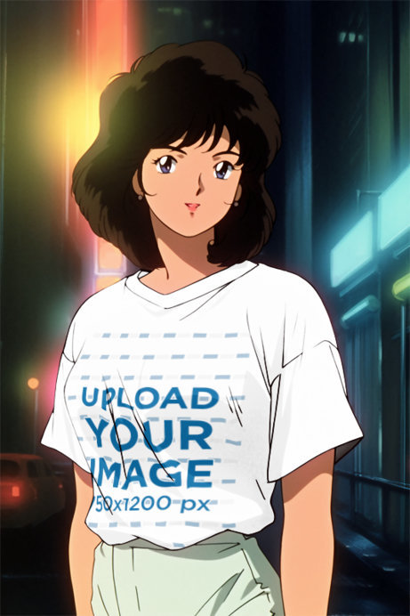 Illustrated Mockup of a Retro Anime Woman Wearing a T-Shirt on the Street