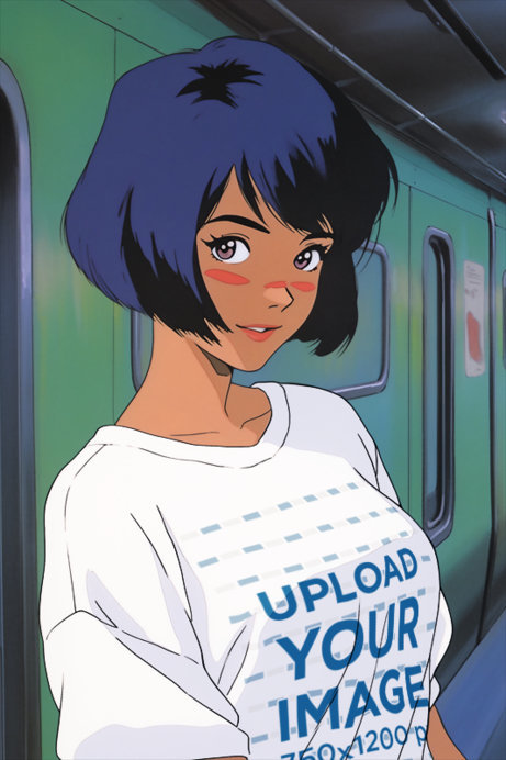 Retro Mockup of an 80s Anime Woman Illustration Wearing a Rounded-Neck T-Shirt
