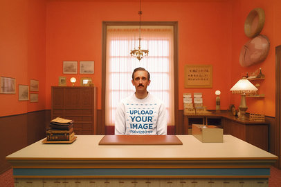Wes Anderson-Inspired Sweatshirt Mockup Featuring a Man Sitting Behind a Desk 