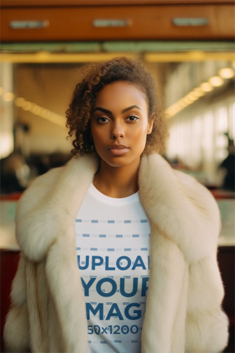Mockup of a Woman with Curly Hair Wearing a T-Shirt Under a Furry Coat