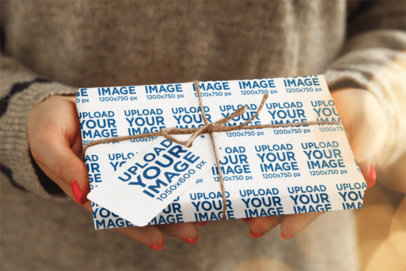 Wrapping Paper Mockup Featuring a Person Holding a Present With a Gift Card m35548 r-el2
