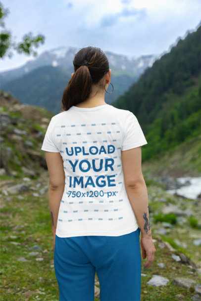 Back-View Gildan Tee Mockup of a Female Hiker Admiring the View m35571