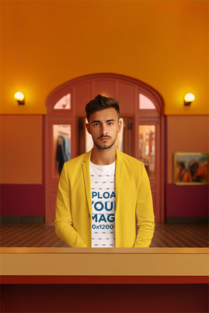 Wes Anderson-Inspired Crewneck Tee Mockup of a Man Sitting Behind a Counter