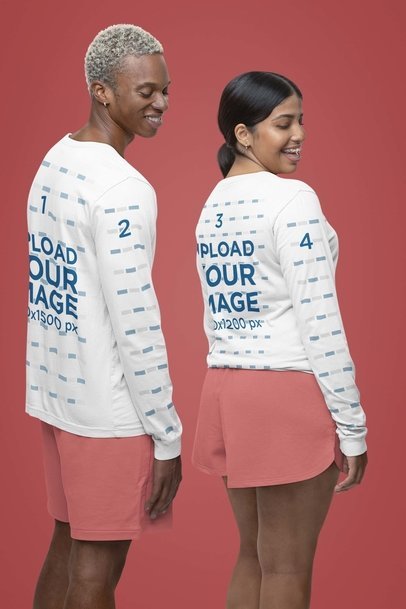 Bella Canvas Mockup of a Smiling Man and Woman Wearing Long-Sleeve Tees in a Studio