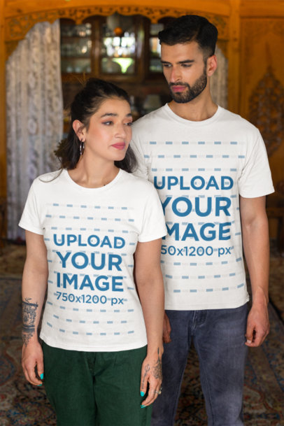 Gildan T-Shirt Mockup Featuring a Tattooed Woman Posing With a Bearded Man