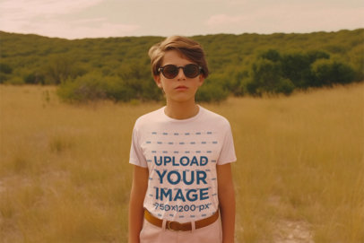 Wes Anderson Film-Inspired T-Shirt Mockup of a Boy with Glasses Standing on a Field