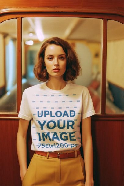 Wes Anderson-Inspired T-Shirt Mockup of a Woman Posing on a Train