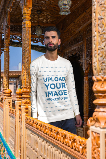 Sweatshirt Mockup Featuring a Bearded Man Leaning over a Column m35575