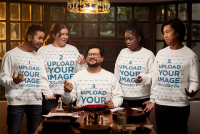 Gildan Sweatshirt Mockup Featuring a Group of Friends Playing RPG
