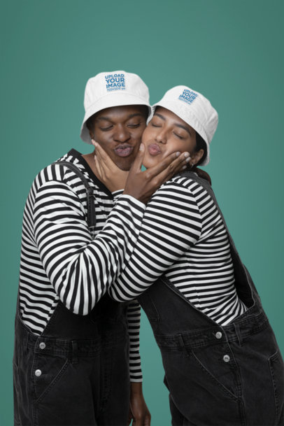 Bucket Hat Mockup Featuring a Man and Woman Posing With a Kissing Face