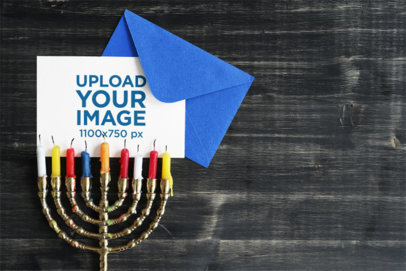 Flyer Mockup Featuring a Hanukkah Menorah Placed on a Black Wooden Background m35177 r-el2