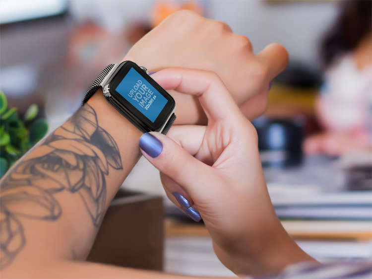 Mockup of a Tattooed Woman Using an Apple Watch