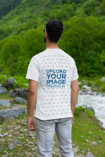 Back-View Gildan Tee Mockup Featuring a Bearded Man Admiring a Nature View m35568