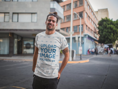 Sublimated Tee Mockup Featuring a Happy White Man on the Street