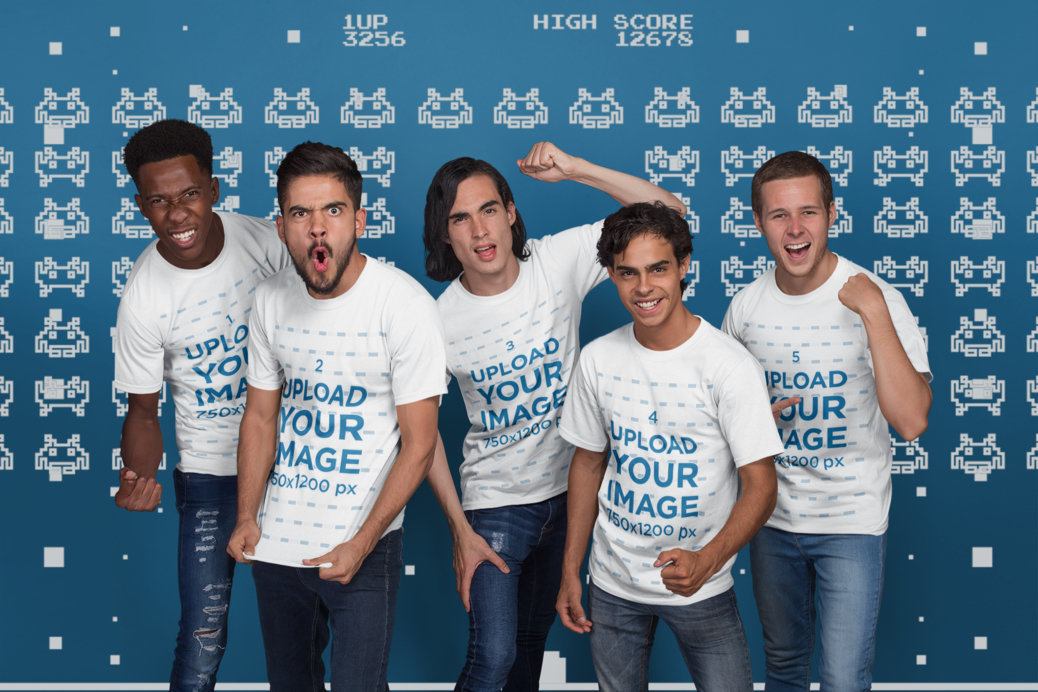 Placeit - T-Shirt Mockup Featuring an Excited Esports Team