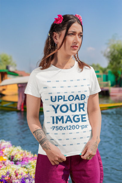 Round-Neck Tee Mockup Featuring a Woman with Flowers on Her Head m35558